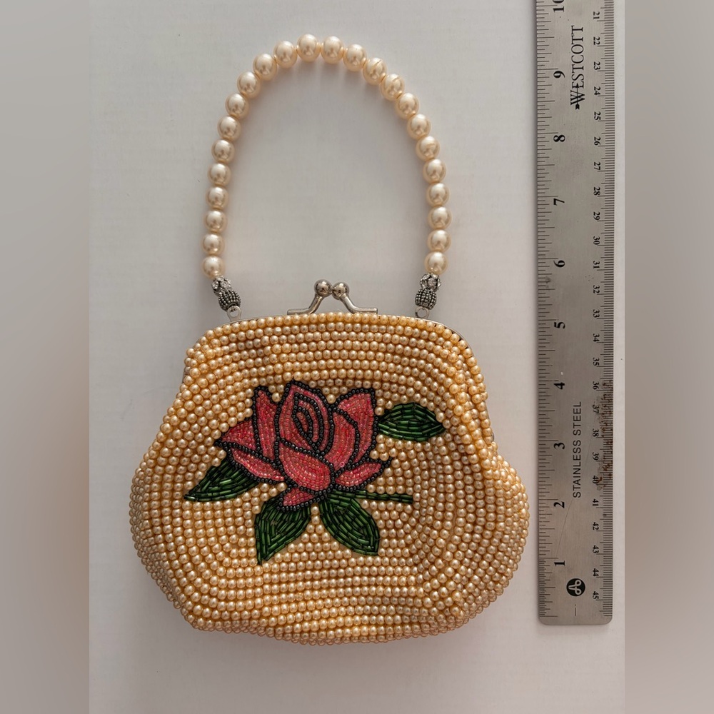 Lily Scott Beaded Pearl Handle Pink Rose Evening Bag